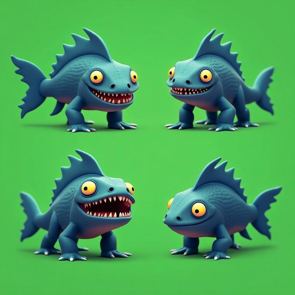 The image features a simple prehistoric 3 eyed fish character designed in a minimalistic style. It showcases four different angles of the prehistoric 3 eyed fish, emphasizing its unique features. The fish has a streamlined yet muscular body, covered in textured, scaly skin with a glowing, bioluminescent quality. Its three glowing eyes are arranged horizontally, radiating an eerie intelligence, and its gaping maw reveals rows of sharp, jagged teeth. The plain green background ensures that the focus remains solely on the character. This design is suitable for animations, games, or merchandise.