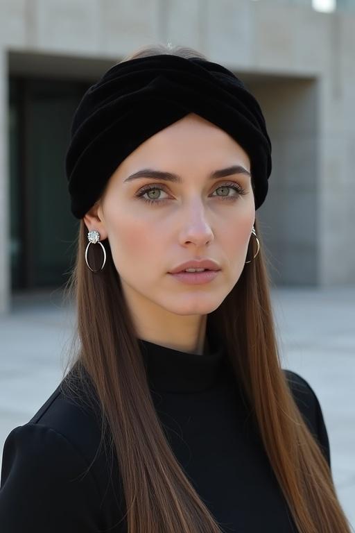 A woman with sleek straight brown hair stands in front of a modern concrete building. She wears a black velvet headband and minimalist silver earrings. The lighting is cool and even. The image showcases simplicity and sophistication.