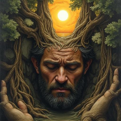 Artistic representation of a man trapped in nature with suffering features. Tree roots envelop his head while he reaches upward. His fist holds a bright sun in a paradise-like area. Unique style inspired by T.A.Kopera.