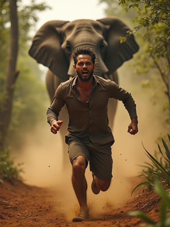 A man runs through a narrow jungle path. He is terrified and sweating. A massive wild elephant chases behind him. Dust rises from the ground. The man dodges trees and stumbles. The scene has cinematic lighting and realistic motion. Intense atmosphere is present.