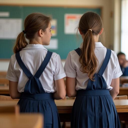 Two girls wearing school uniforms stand in a classroom. Back view shows their uniforms and classroom environment.