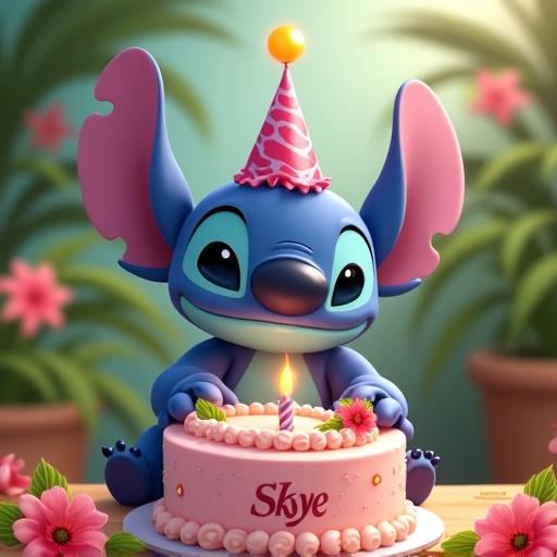 Stitch character with a birthday cake for a 5-year-old. Cake has the name Skye. The background features tropical flowers and party elements.