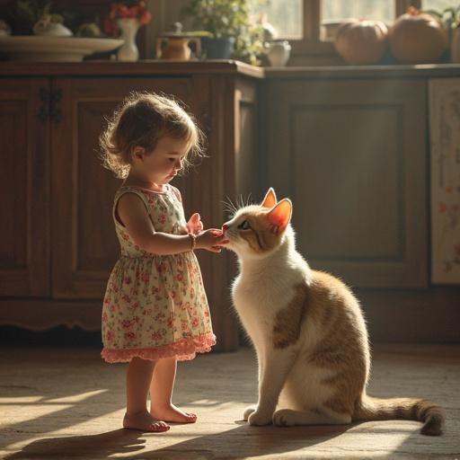 A young girl interacting with her pet cat. The girl's hair is styled with some flowers and she is softly smiling. The cat is orange and white. Details on expressions and nurturing feel are emphasized.