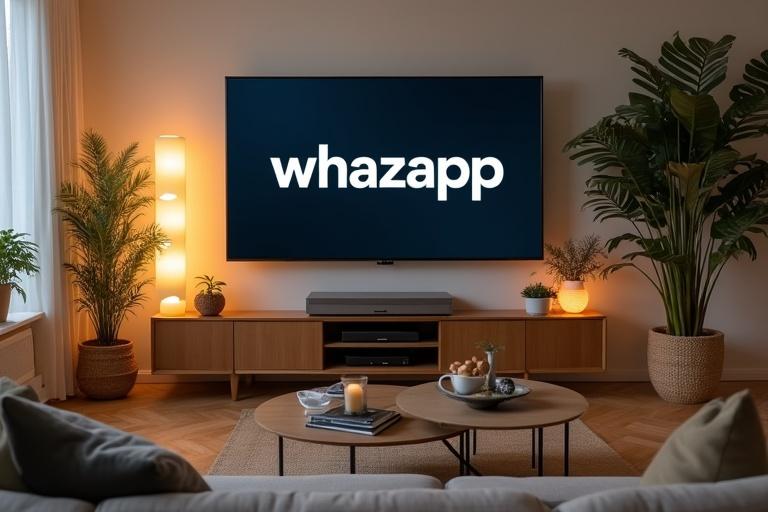 Display the word 'whazapp' on a television in a modern living room. Feature a cozy couch, a coffee table, and plants around the space with soft, warm lighting.