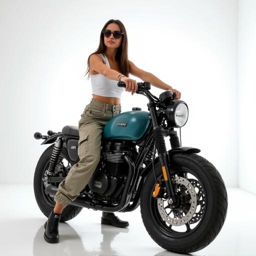 Woman poses on a retro motorcycle in a white studio. She wears a white crop top, baggy cargo pants, and sunglasses. The motorcycle is teal and stylish.