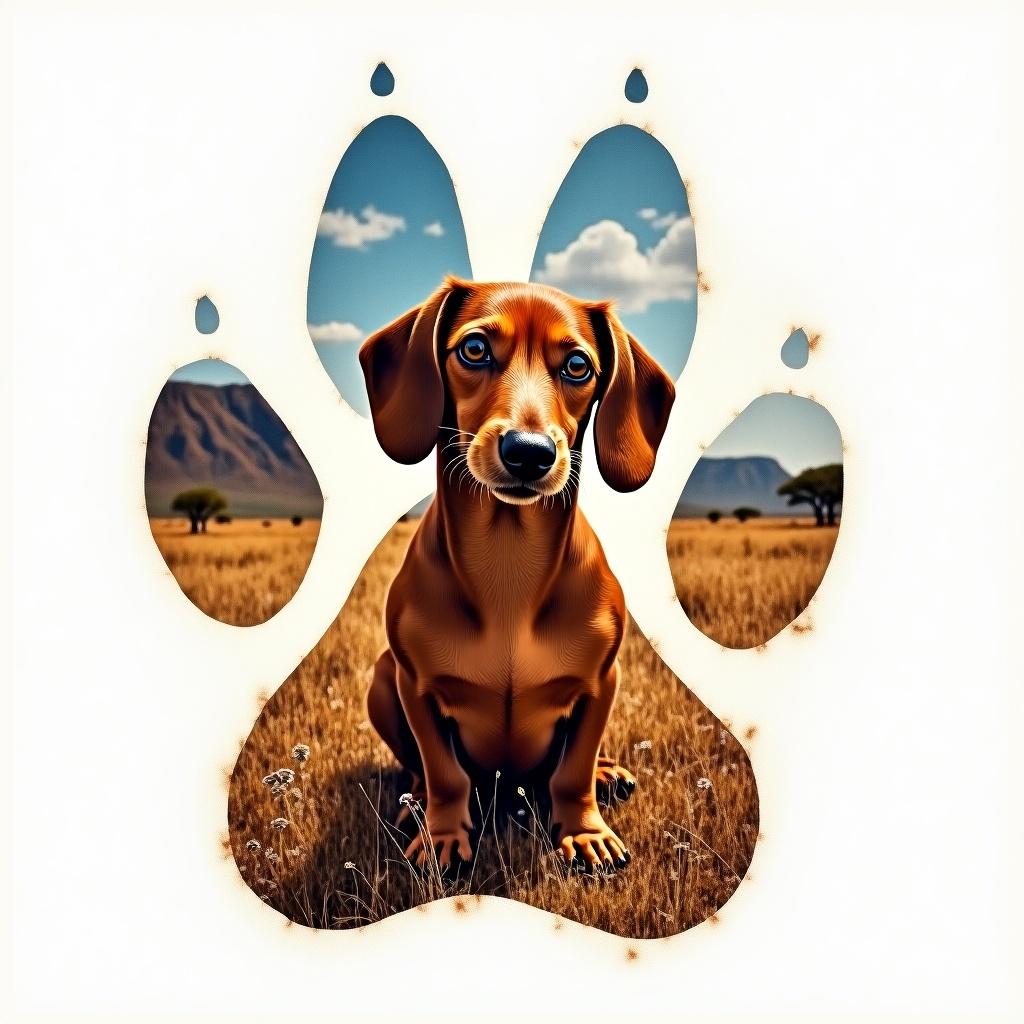 Art piece with dog pawprint and lifelike dachshund. Background features Namibian landscape. Rich colors and details create a stunning visual.