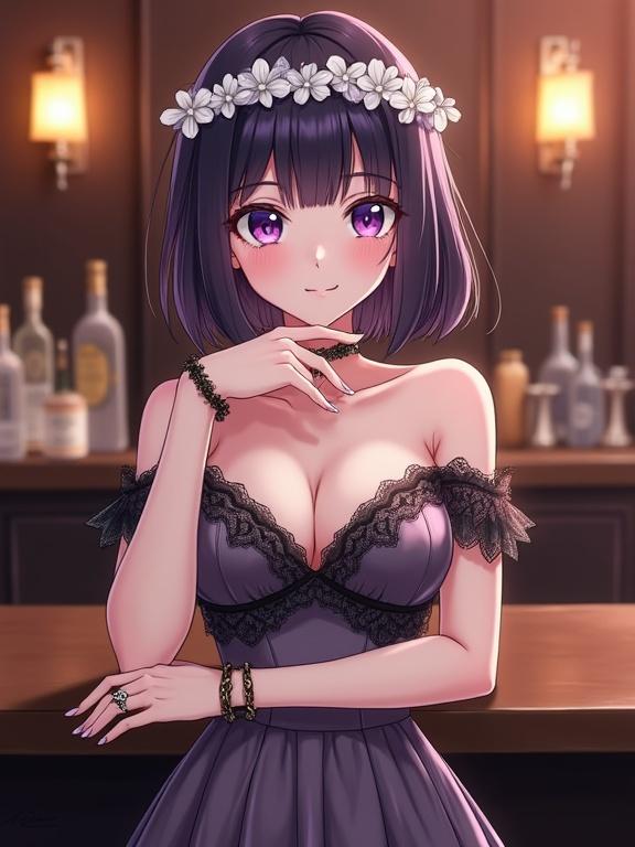 High-quality Japanese anime illustration of a beautiful adult woman. She has fair skin, large purple eyes, and shiny dark violet bobbed hair with a white flower crown. Subtly smiling, one hand on her chin. Wearing a purplish-gray dress with a deep V-neck and lace detailing, off-the-shoulder sleeves. Front-facing, standing in front of a luxurious, dimly lit bar interior with warm lighting.