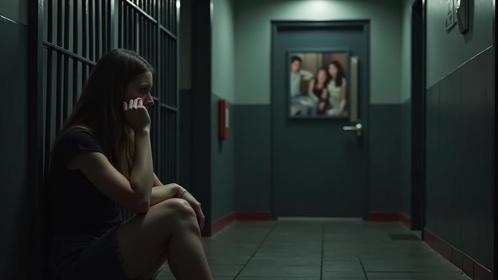 Woman sitting in jail cell with head down. She looks at a family photo on the wall. The atmosphere is tense and emotional. The hallway is dimly lit. There are shadows that emphasize her feelings.