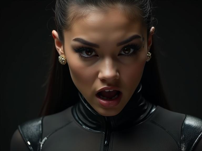 Create a realistic dark cinematic image focusing on a close-up of a female character. The character displays an aggressive expression while wearing a shiny leather bodysuit. The setting should be dark with high contrast lighting. Details include intricate facial features, tattoos, and accessories.