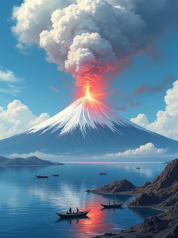 Dramatic stylized depiction of a volcanic eruption from a coastal perspective. Billowing ash cloud erupts from snow-capped volcano. Vibrant oranges and reds radiate outward. White mountainous landscape with dark volcanic peaks around tranquil azure sea. Boats in foreground near shore populated by figures. Several small traditional fishing boats anchored in calm water. Anime style with bold lines and flat colors. Strong color contrast between fiery eruption and cool blue water. Expert use of light and shadow emphasizes energy of eruption and serene surroundings. Detailed volcanic ash and smoke fill sky. Atmospheric perspective with volcano towering in background. Detailed ocean surface and waves. Impasto brushstrokes add texture.
