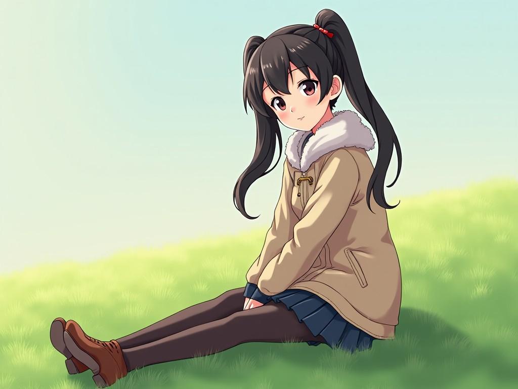 The image depicts a young anime girl with long black hair styled in twintails, sitting on a grassy area. She wears a beige coat with a white collar over a dark skirt and stockings, with brown shoes. The background features a soft gradient from light blue to white, indicating a serene outdoor environment. The girl looks directly at the viewer with a gentle expression, conveying a sense of calm and tranquility. The overall aesthetic is vibrant and engaging, typical of anime art style, emphasizing the character’s playful yet relaxed demeanor.