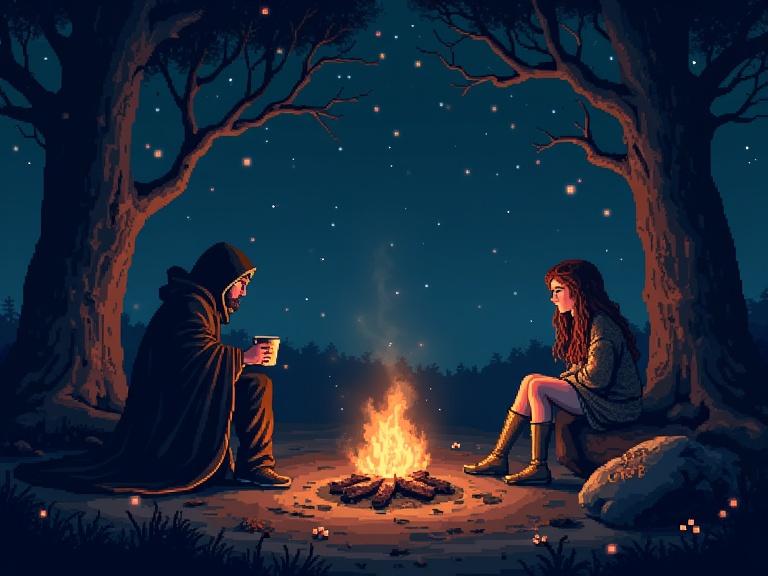 Pixel art style featuring a storyteller and a girl sitting by a campfire in an enchanted forest. Storyteller in a hooded cloak holding a cup. Girl in a cozy sweater sitting on a log. Tall twisted trees and faint stars in the background. Fireflies blinking around. Mysterious runes etched in nearby stones. Soft mist covers the forest floor. Eerie yet captivating atmosphere.