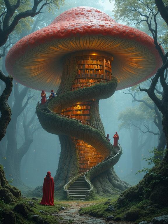 A massive mushroom opens to reveal a spiral library inside with shelves carved into its flesh. Ancient glowing books are present while wise elves study. Spiral staircases connect various levels. Luminous motes float, providing ethereal light. Outside, there's a misty landscape with twisted trees and streams.