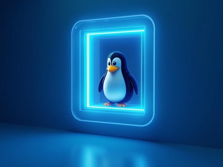 High-quality digital artwork of a Linux penguin looking through a glowing blue window. The window has sharp edges and a bright glow. The penguin is cartoonish yet polished. The style is sleek and professional with a focus on clarity and vibrant colors. High resolution for sharp details.