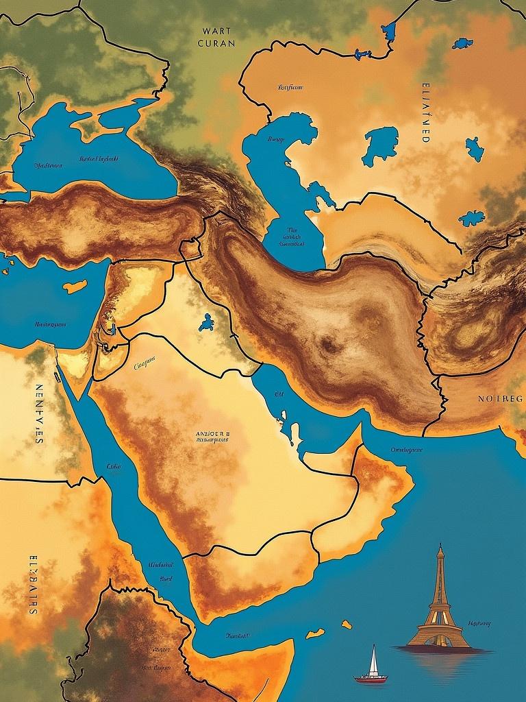 Map illustrating the region of Tipu Sultan's influence. Shows geographical features and significant locations. Highlights historical context with artistic touches. Background colors provide depth and character. East Asia prominent with artistic representation.