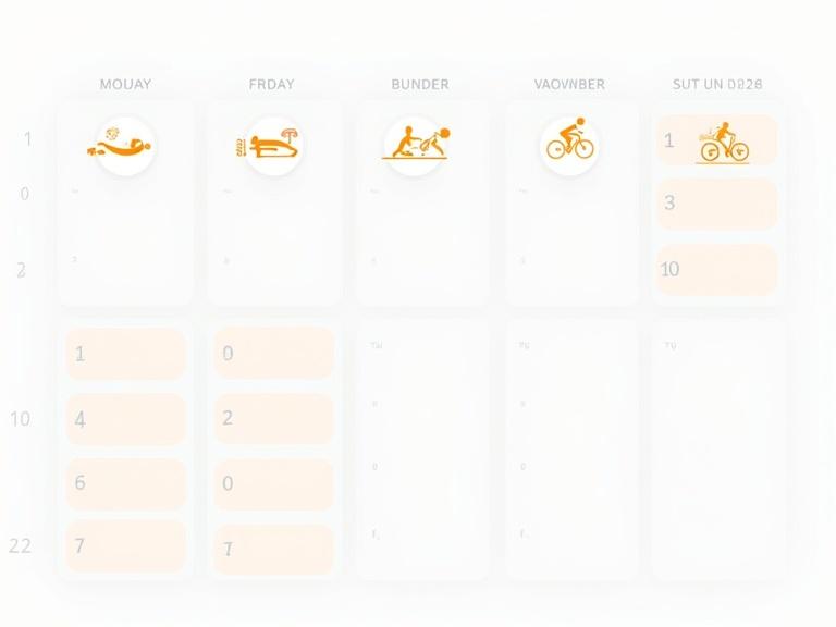 A calendar layout visually organized into five columns. Days of the week labeled at the top. Some days feature highlighted boxes with exercise icons. Icons representing exercises like cycling and jumping jacks. A clean and modern design.