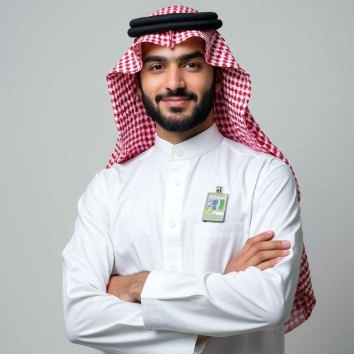 A hyper-realistic studio-quality portrait of a young Saudi man. He stands with arms gently crossed. He wears a clean white thobe. He has a neatly styled red-and-white ghutra with a black agal. He displays a soft and confident smile. There is a blank vertical ID badge with a green frame clipped to his chest pocket. The lighting captures real skin texture and natural shadows.