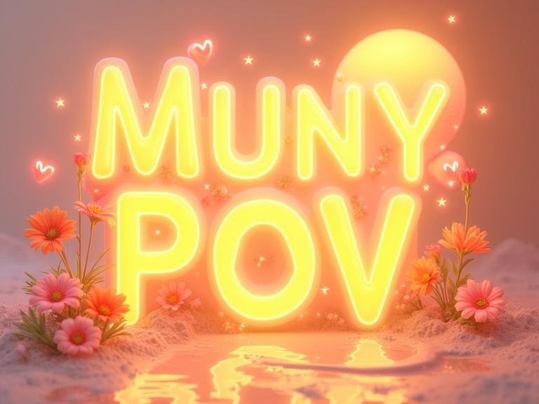 A beautiful 3D illustration with the name MUNY POV. Letters are luminous yellow-pink glass. They have a mesmerizing gradient and ethereal glow. The atmosphere is uplifting and positive. There are whimsical elements like a sun, hearts, flowers, and stars. The background is warm and inviting.