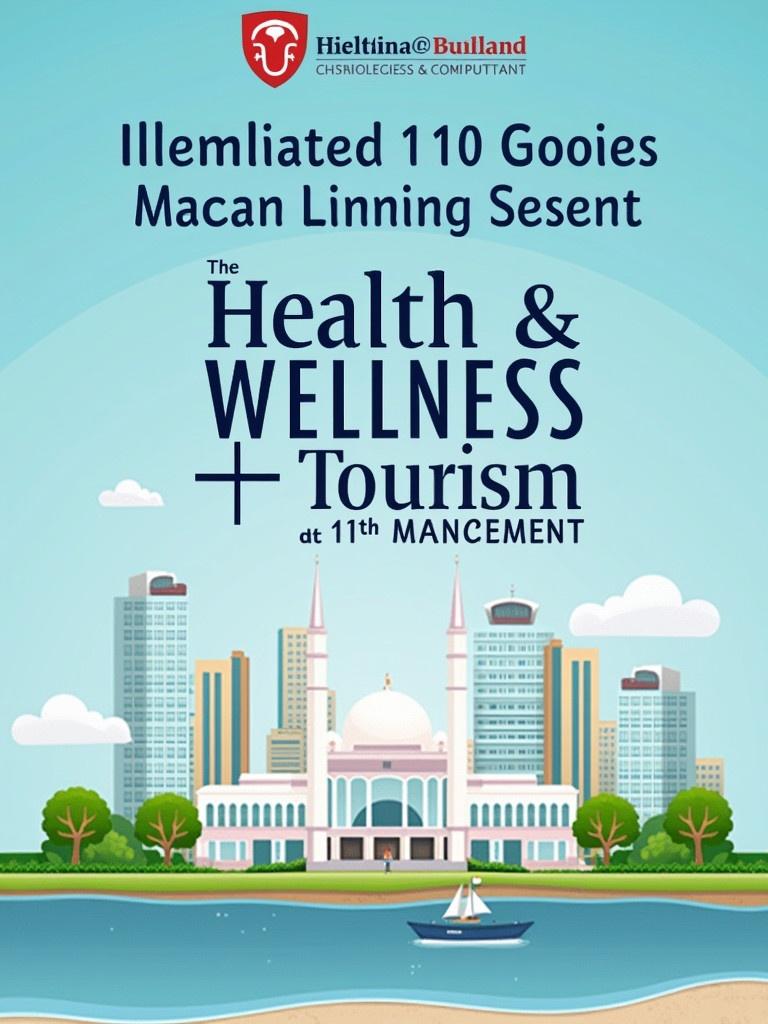 Illustration of a conference related to health and wellness tourism. The background features a modern city skyline and a prominent mosque. The text highlights the event title and theme. Colors are vibrant and inviting.