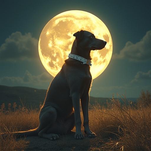 Dog sitting in profile with a full moon behind it. Scene depicts a nighttime landscape with grass. The moon illuminates the gentle features of the dog. Background includes low hills and clouds.