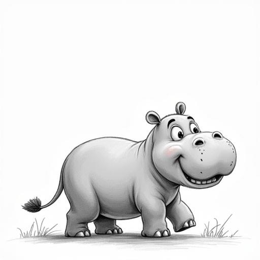 A happy hippo walking along in a pencil drawing style animation for children's cartoon.