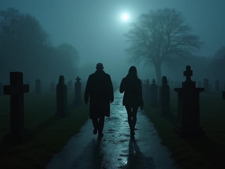 Graveyard in Edinburgh at midnight. Fog envelops the scene. Two figures in silhouette. Man on left moving fast. Woman on right moving quickly. Both touching grave stones. Very distant view with wide perspective.