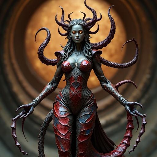 At the center stands a hybrid serpent woman with six arms and a dragon body. She has intricate red armor with metallic accents. The background is a swirling brown vortex. The creature’s arms are insect-like and clawed. There is a hard, hard chitinous segment ending in a vibrant stinger. Her posture conveys grace and strength. The atmosphere feels mystical and foreboding.