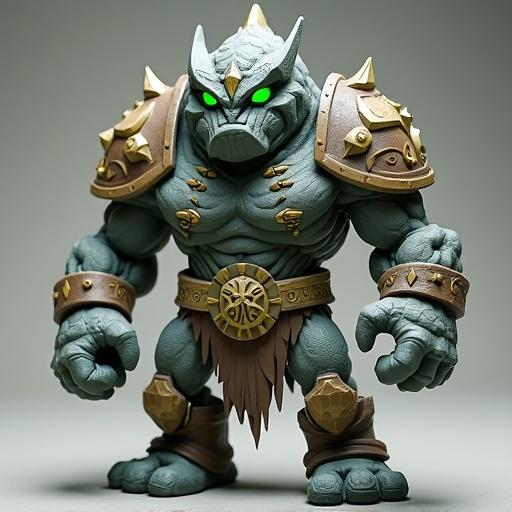 Design a fantasy cartoon-style monster toy. It's the Stone King, leader of the Tribe of Rock. Rugged body like a mountain with armor plates. Chiseled face with glowing green eyes, earthy symbols. No realistic anatomy. Molded and toy-like appearance. Crown resembling stalagmites and boulder emblem on chest. Cartoonish high-contrast PVC style with glossy paint and bold outlines. Color palette includes gray, brown, moss green, and translucent stone.