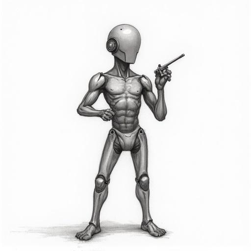 A stylized humanoid robot with a large head and articulated body stands confidently on a white background. The figure has a muscular appearance and is holding a cigarette. The design emphasizes a blend of human and robotic characteristics.