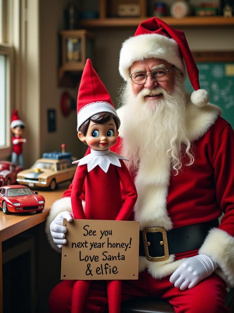 Elf on the shelf in red outfit with white trim holding a sign that says ‘See you next year honey! Love Santa & elfie’ sitting with Santa in a toy workshop with toy cars in background.