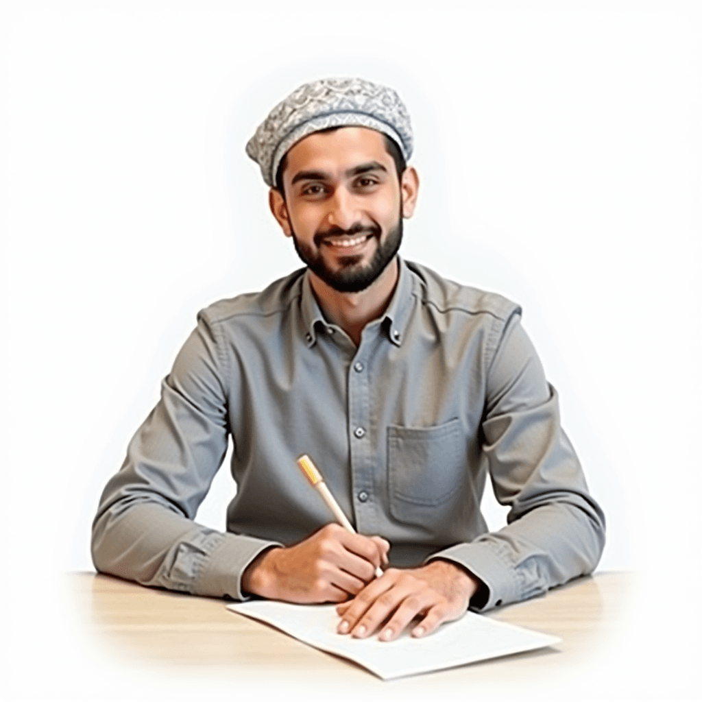 A smiling man wearing a patterned cap, sitting at a desk with a pencil and paper.