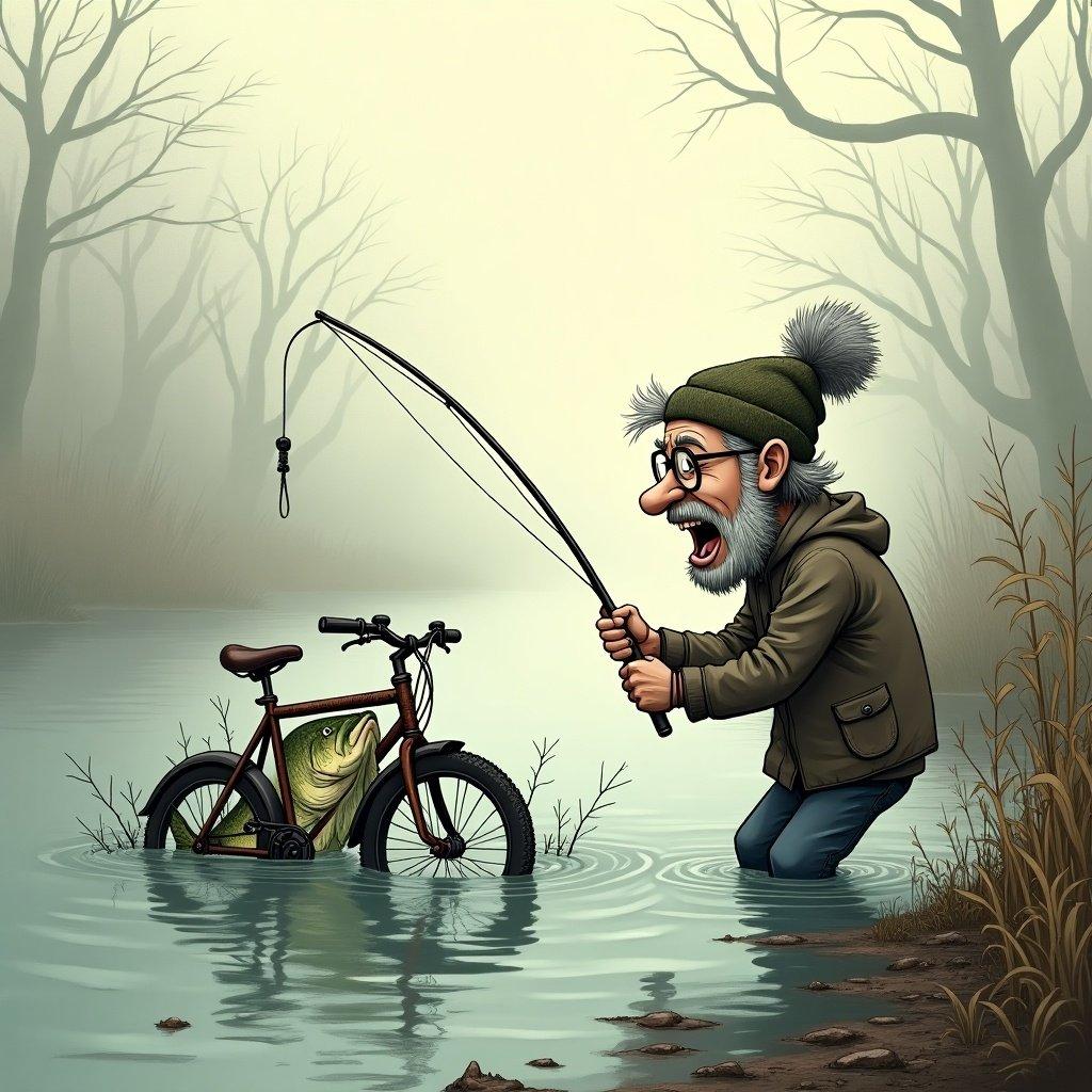 A cartoon scene depicting a man in a river. He has a fishing rod, pulling against a rusty bike submerged in water. The bike is tangled in weeds. Fog drifts over the river. A bass fish's head can be seen, laughing. The man has a wild appearance with grey beard and bushy eyebrows. He wears a bobble hat and glasses.