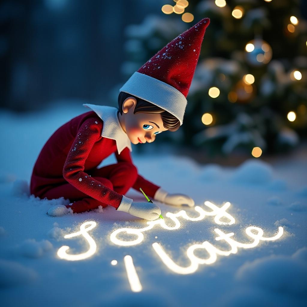 In a snowy landscape, an Elf on the Shelf is seen writing in the snow. The Elf is cheerful and dressed in a classic red outfit with a pointed hat. Magical lights illuminate the words it writes, adding a whimsical touch. The words 'Jones boys: Sorry I’m late' are artistically rendered in elegant cursive. The background features twinkling lights reminiscent of a festive Christmas tree, creating a warm and inviting atmosphere. This scene evokes a joyful and magical holiday spirit.