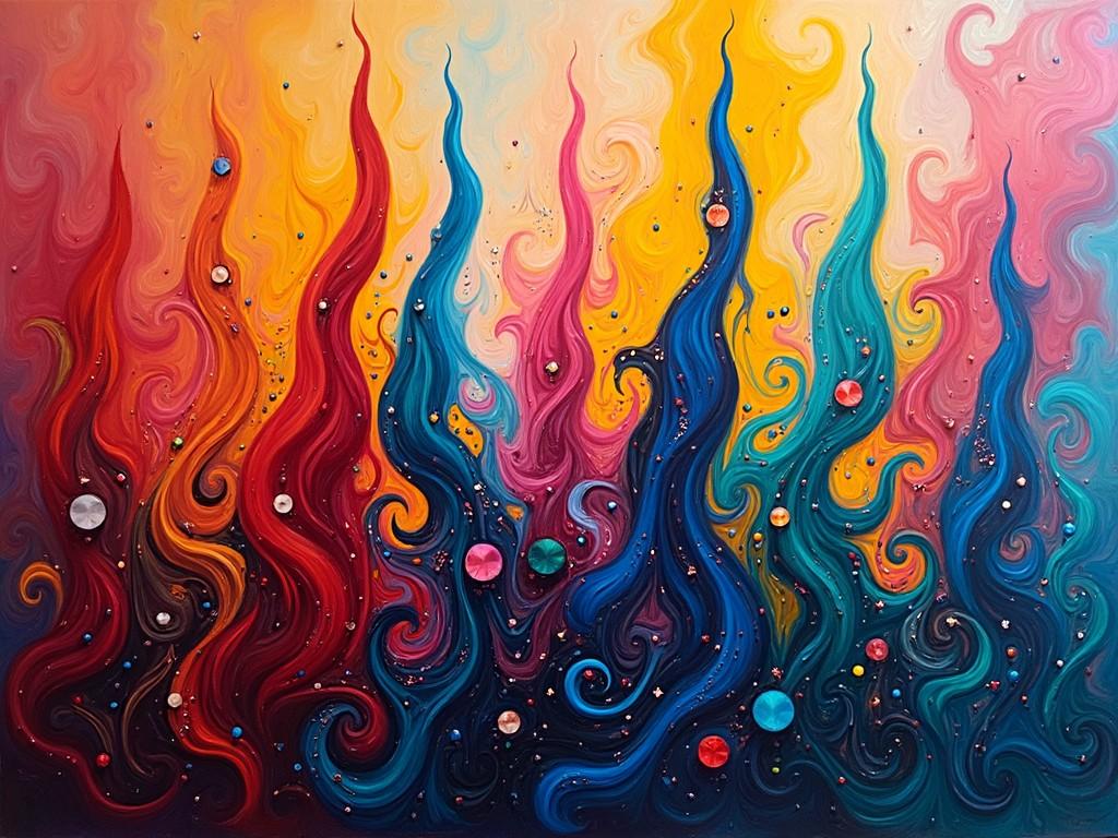 This vibrant abstract image features a dynamic swirl of wave-like shapes in vivid colors such as reds, blues, greens, yellows, and pinks, creating an energetic and fiery visual effect.