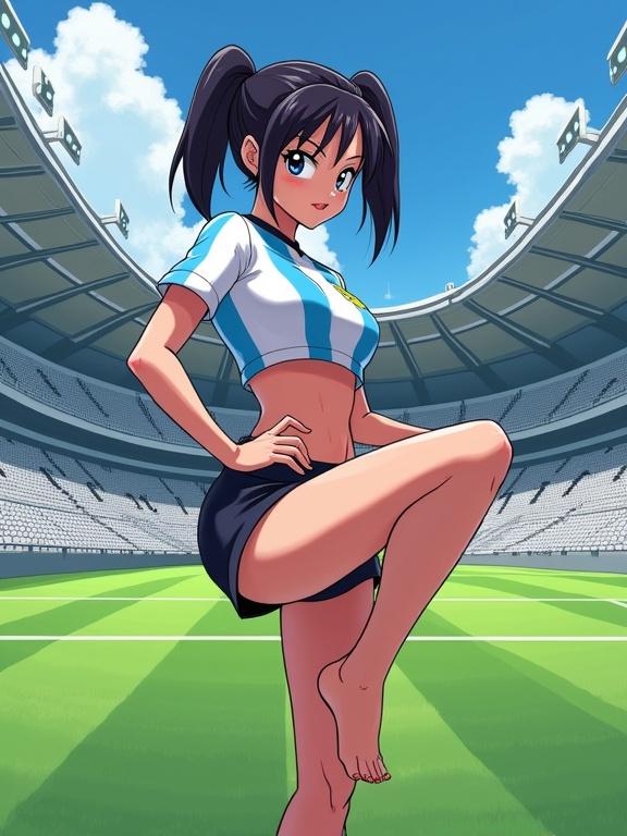 Digital anime illustration of a young female character in a soccer jersey posing in a stadium. The character wears an Argentinian National team jersey and black shorts. She is striking a flirtatious pose with one leg raised. The stadium features empty grey seats and a green pitch with white markings. The lighting creates shadows and highlights on the character.