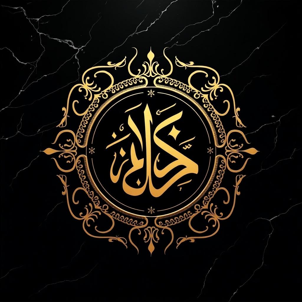 Luxurious modern Arabic calligraphy design for Eludan Arabians. Intricate golden letters arranged in a circular layout surrounded by elegant flourishes. Black marble textured background adds sophistication. Bold and striking aesthetics for high-end appeal.