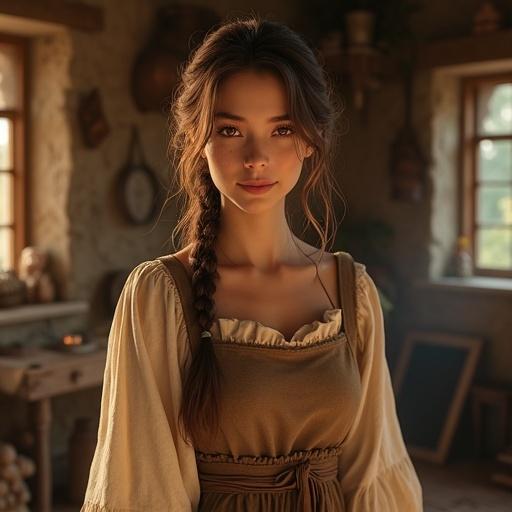 Young woman in a medieval fantasy world with soft features and warm eyes. She has chestnut brown hair styled loosely and wears a modest dress in earthy tones. Setting is a cozy rustic cottage with warm lighting and inviting ambiance.