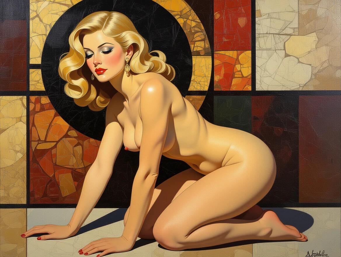 Oil painting on canvas featuring a muscular feminine figure in a doggy-style pose with hands and knees on the ground. The artwork has a 1960s aesthetic influenced by Klimt. The model has blonde hair and wears earrings. The background consists of abstract shapes and vivid colors. The lighting is dramatic and enhances the romantic aesthetic.