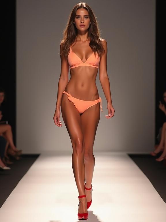 Image features a slim model wearing a peach bikini and red high heels. The model walks confidently on a fashion show catwalk. The setting is bright and modern. Viewers see the model’s sleek silhouette and fashionable swimwear look. The runway is minimalistic with a clean background.