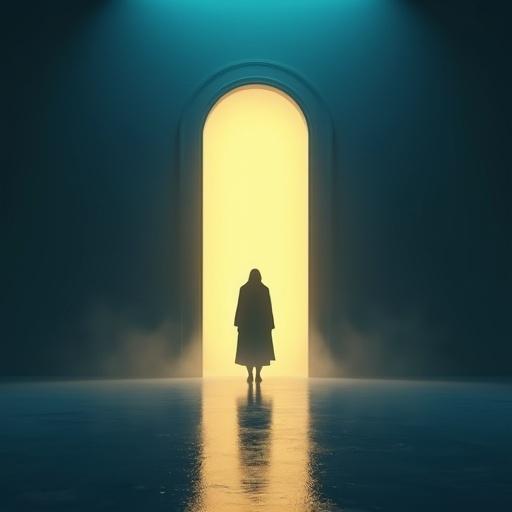 3D render depicts dark fantasy theme. Solitary figure stands in dimly lit room. Large arched doorway emits warm golden light. Cool blue hue from overhead light. Reflective floor mirrors ethereal light. Figure appears contemplative about doorway. Atmosphere evokes introspection and intrigue.