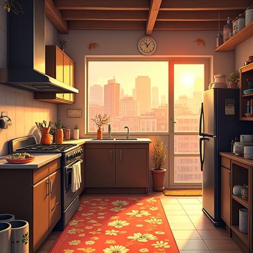 Anime style depiction of a futuristic kitchen set in a 2090 summer afternoon. The scene features modern appliances and a city skyline view. Natural sunlight streams through a window casting warm tones in the kitchen. The kitchen is lively and functional with plants and decorative elements giving it a homey feel. A poor family's atmosphere is suggested. The color palette includes light gold, onyx black, and vibrant accents.