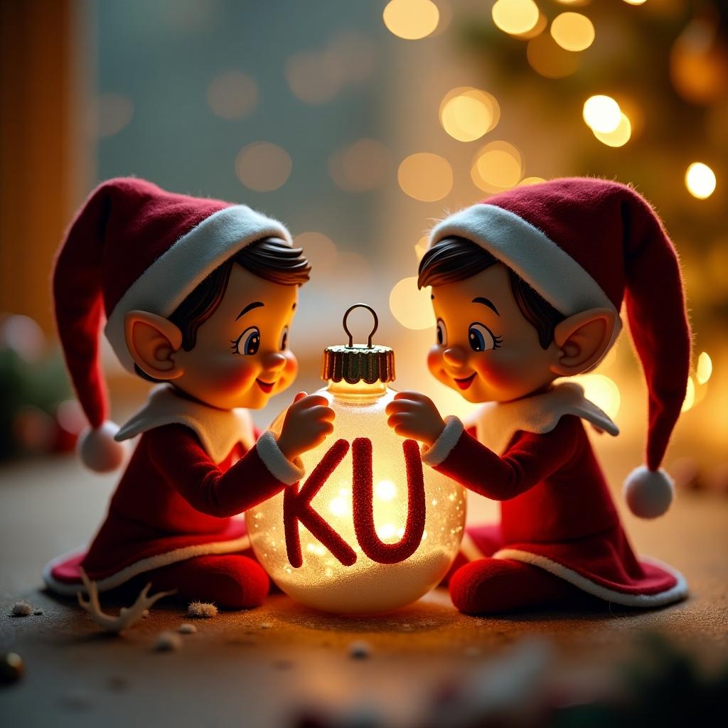 Elf characters sitting together. They are focused on a bauble. The bauble has 'KU' written on it. The background features lights and a festive setting.