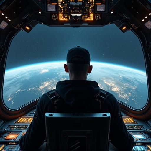 A man sits in the cockpit of a futuristic spaceship. He is wearing dark clothing and a cap. His expression is focused, monitoring controls. The cockpit has glowing screens. A large window shows Earth at night with city lights. The interior is dark with bluish and orange highlights. The style is realistic and cinematic. The pilot is centered, emphasizing adventure and exploration.