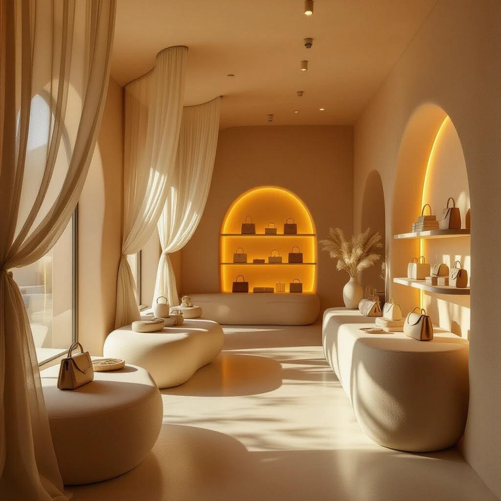 Interior of an empty boutique in golden evening light. Inspired by bio-artistic design. Curved clay-textured walls softly illuminated. Linen veils hang from the ceiling. Sculptural displays showcase lingerie and handbags. Organic forms made of wood and ceramic. Warm, moody atmosphere with glowing textures.