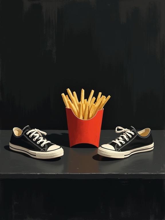 Stylized expressionist painting featuring two individual French fries gently crossed on a flat, black surface. A worn pair of empty converse sneakers rests next to them. Neutral lighting enhances the minimalist composition. The artwork showcases painterly sumi-e style with rough brush strokes and a dark moody atmosphere, incorporating flat color illustration and glitchcore style elements eroding the background.
