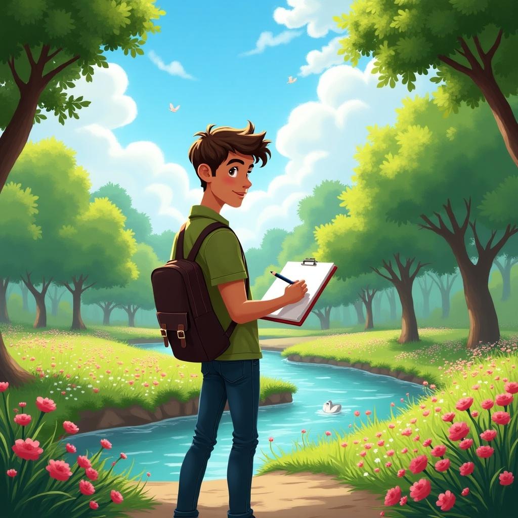 A person stands near a river with a notebook. Lush green trees and flowers surround them. A tranquil atmosphere is created by the blue sky and soft clouds.