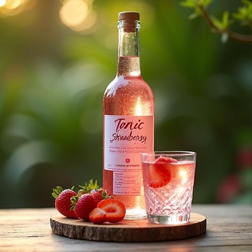 Photograph of sleek glass bottle labeled Strawberry Tonic on circular wooden coaster. Bottle with pink tonic and effervescent bubbles. Fresh strawberries beside it. Crystal glass nearby. Golden-hour lighting illuminates scene. Blurred green foliage background. Evokes refreshing summer evening ambiance.