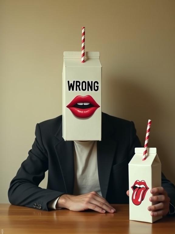 Surreal scene with a man seated at a wooden table. Man has a milk carton for a head. Carton says 'WRONG' in black print. A red straw emerges from lips on carton. Man holds a smaller carton with a red tongue. He wears a blazer over a t-shirt. Background is beige. Soft lighting with slight shadows. Textured cartons add realism. Hyperreal atmosphere.