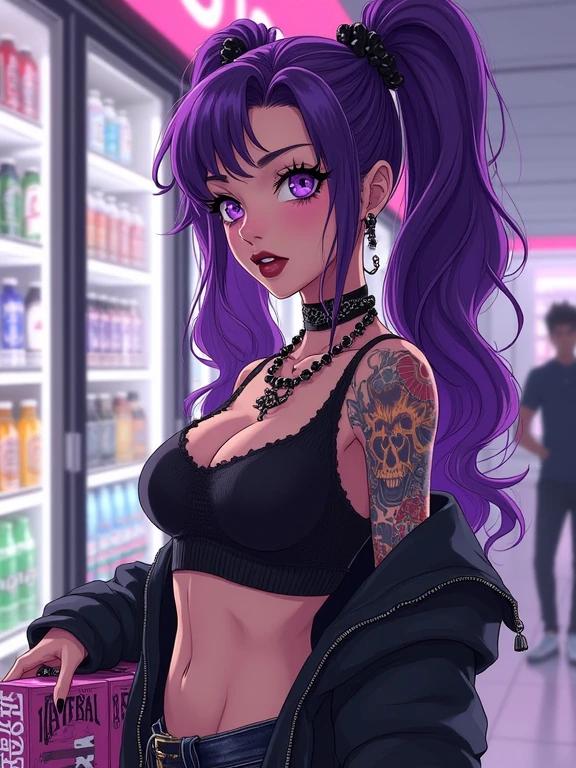 A woman shopping in a modern convenience store. She has amethyst purple hair styled in curly pigtails. She wears edgy and sexy black streetwear. Skin decorated with traditional yakuza tattoos. Holds a 12 pack of flavored beer. Bright colors and a stylish backdrop convey modernity.