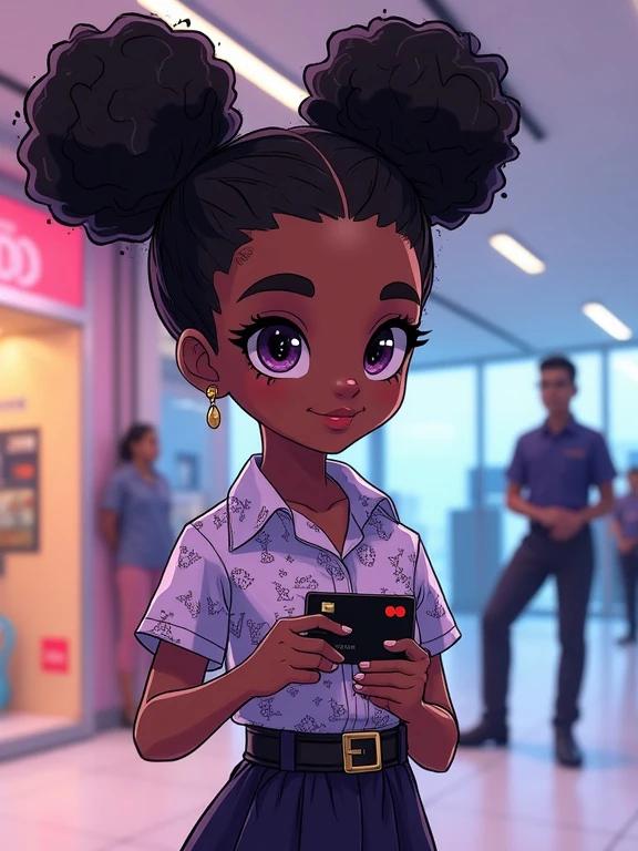 Anime character in a modern luxurious mall. Girl with jet black afro puffs. Amethyst purple eyes. Wearing a Louis Vuitton printed shirt and a belted skirt. Holding a black hole society digibank credit card. Depicts a wealthy child heir of a fictional society. Atmosphere is vibrant and well-lit. Character's expression is happy and confident.
